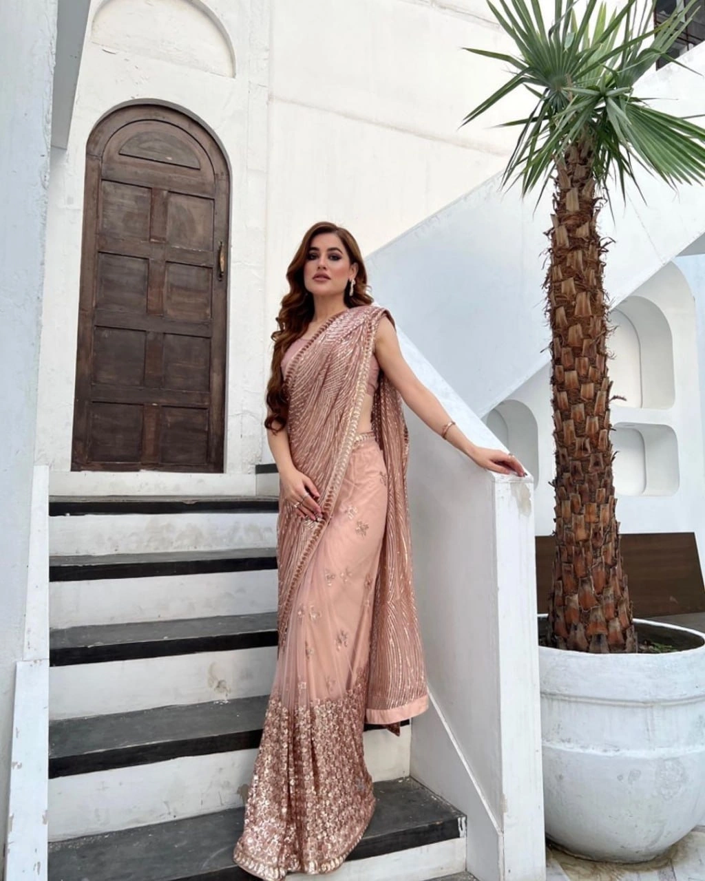 Elegant Soft Georgette Saree with Sequins Embroidery &amp; Heavy Banglori Blouse-Light Pink-2