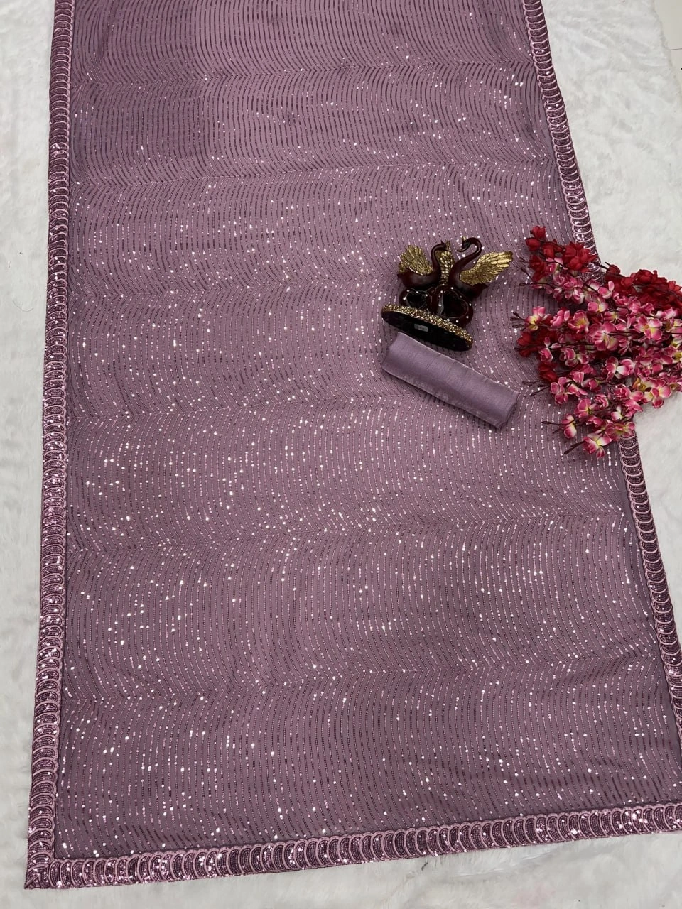 Elegant Soft Georgette Saree with Sequins Embroidery &amp; Heavy Banglori Blouse-Wine-3