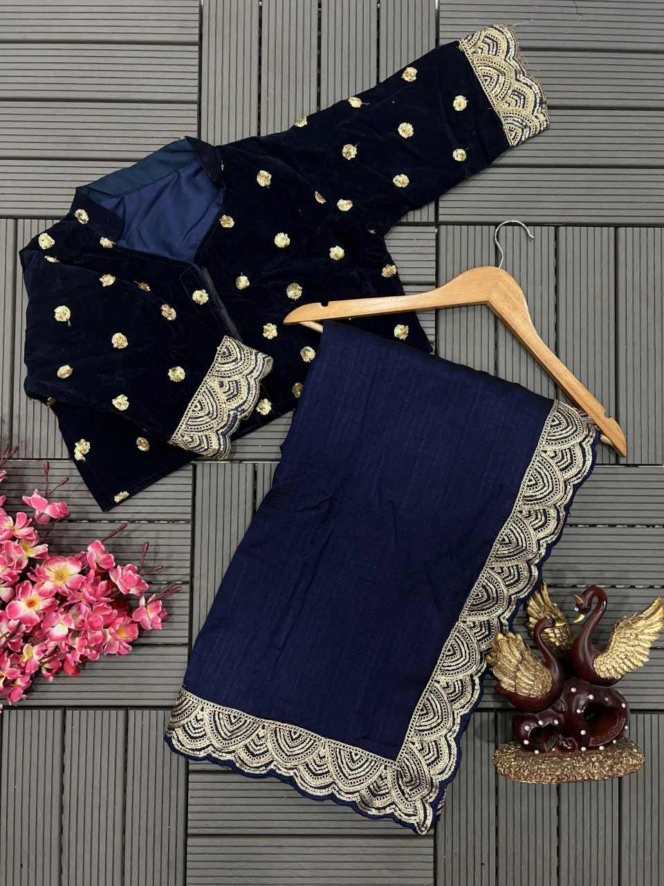 Heavy Vichitra Silk Saree with Sequins and Embroidery Work, Velvet Blouse Size 40 (Alter to 44)-Navy Blue-2