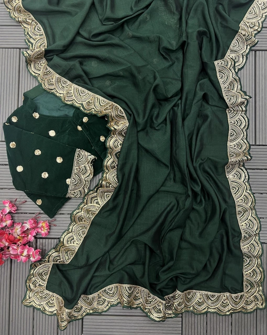 Heavy Vichitra Silk Saree with Sequins and Embroidery Work, Velvet Blouse Size 40 (Alter to 44)-RNC5281-Green