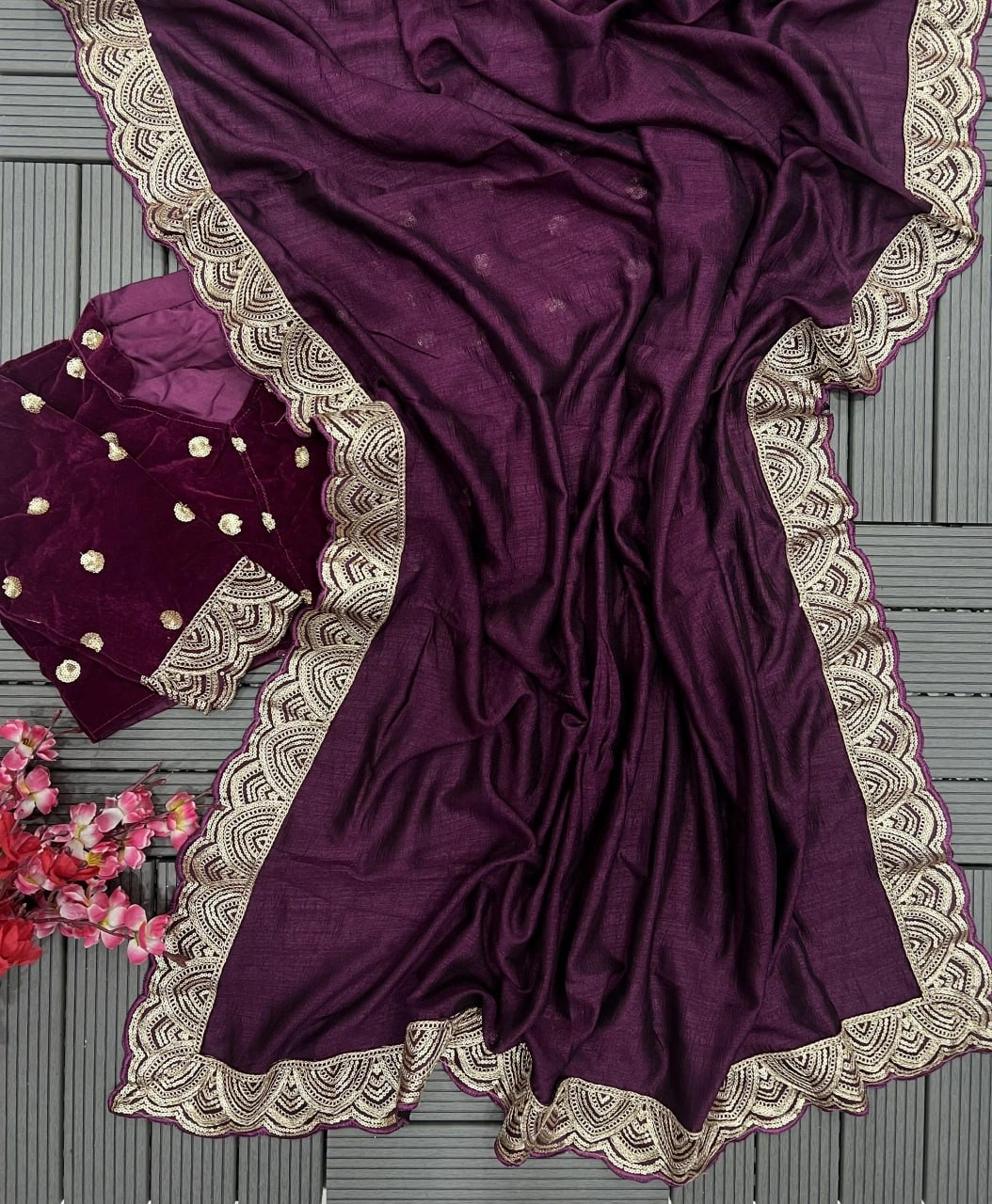 Heavy Vichitra Silk Saree with Sequins and Embroidery Work, Velvet Blouse Size 40 (Alter to 44)-RNC5281-Wine