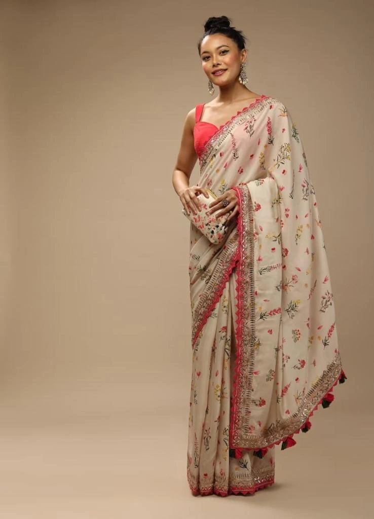 Elegant Heavy Soft Chinnon Saree with Floral Print, Sequins Embroidery &amp; Mono Banglori Blouse-RNC5283