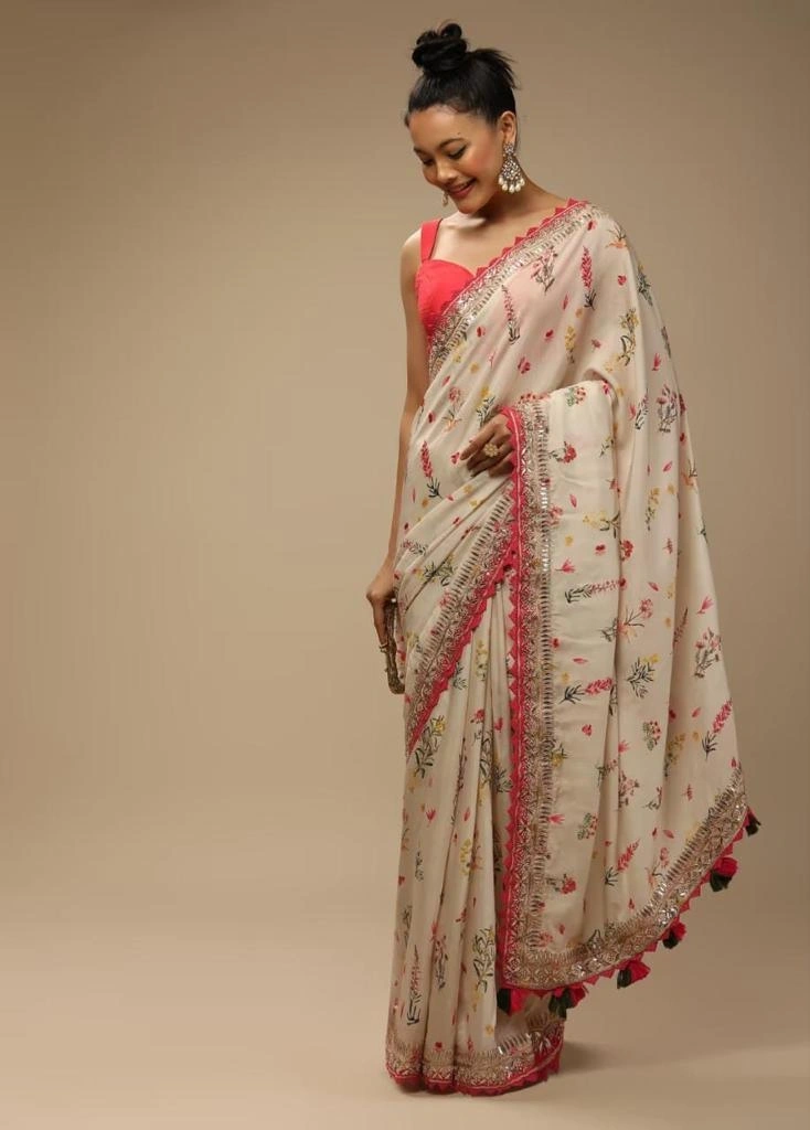 Elegant Heavy Soft Chinnon Saree with Floral Print, Sequins Embroidery &amp; Mono Banglori Blouse-1