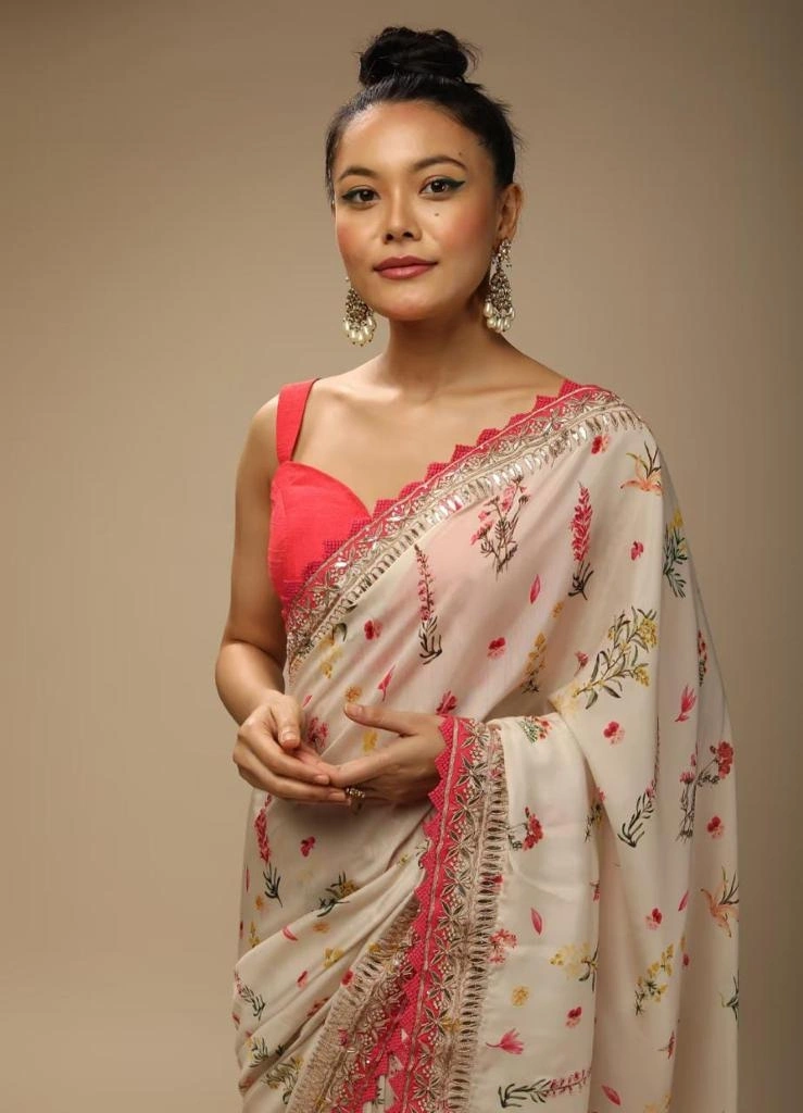 Elegant Heavy Soft Chinnon Saree with Floral Print, Sequins Embroidery &amp; Mono Banglori Blouse-2