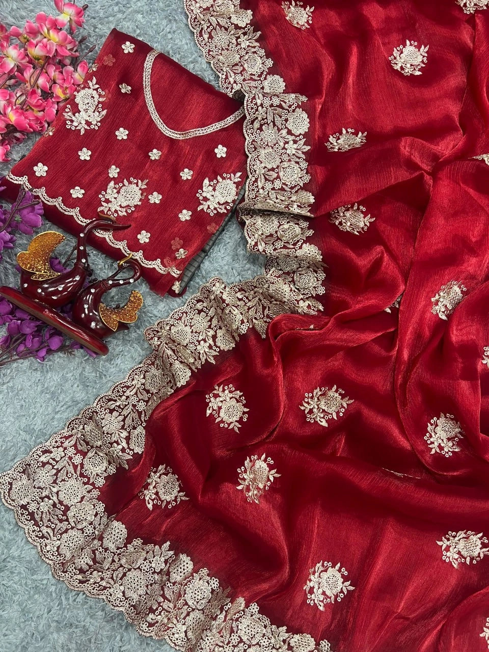 Berberry Silk Saree with Stunning Gold Zari Embroidery &amp; Unstitched Blouse-Red-1