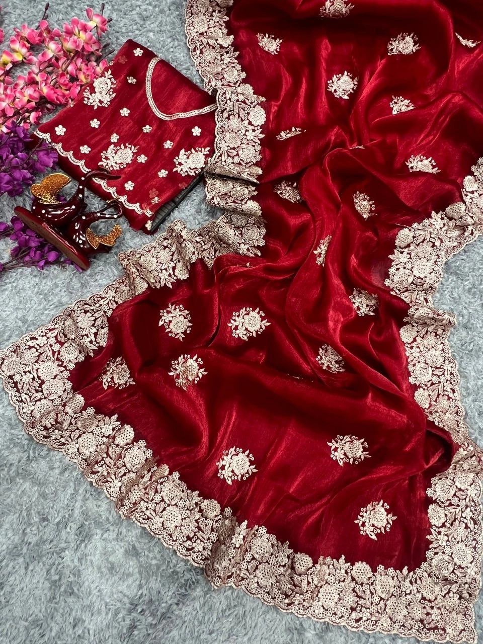 Berberry Silk Saree with Stunning Gold Zari Embroidery &amp; Unstitched Blouse-Red-2