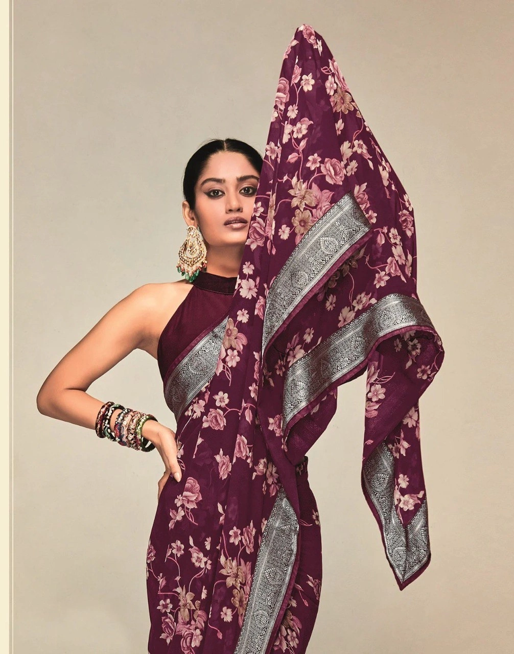 Georgette Saree With Jaquard Lace With Blouse Piecs-RNC5258-Wine