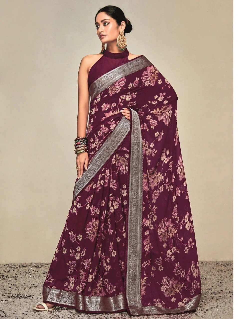 Georgette Saree With Jaquard Lace With Blouse Piecs-Wine-1