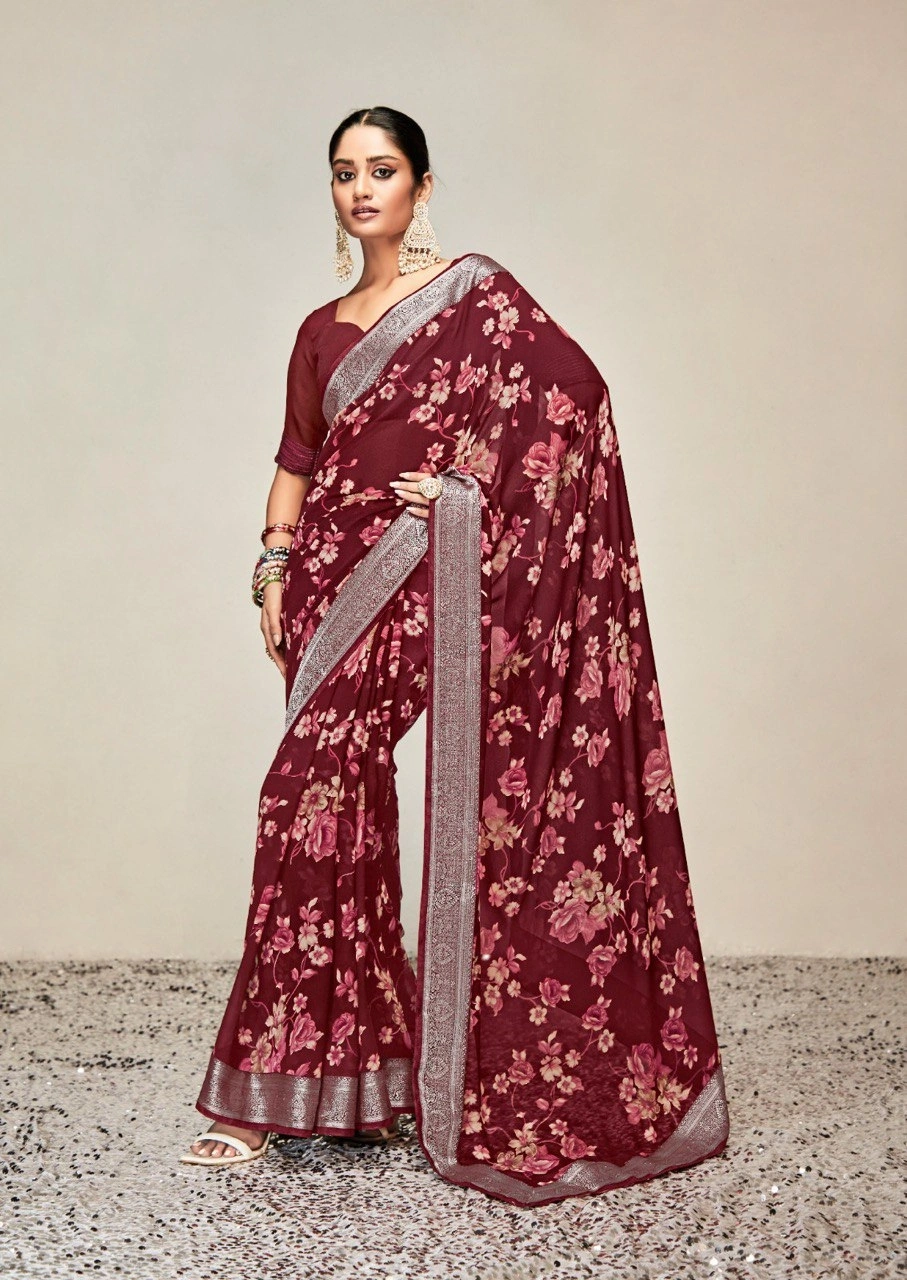 Georgette Saree With Jaquard Lace With Blouse Piecs-Wine-2