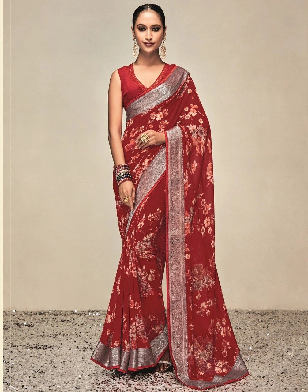 Georgette Saree With Jaquard Lace With Blouse Piecs-RNC5258-Red