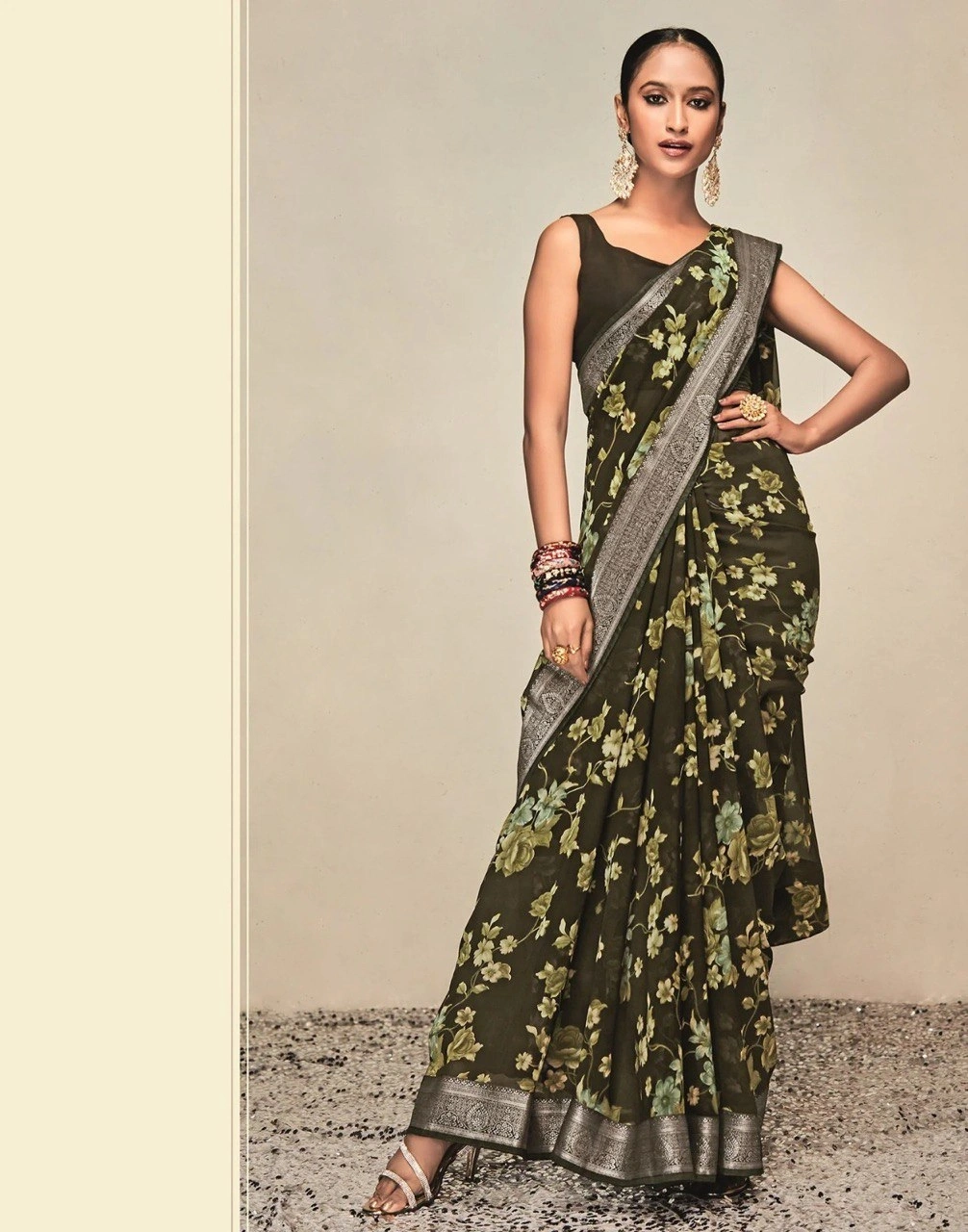 Georgette Saree With Jaquard Lace With Blouse Piecs-RNC5258-Green