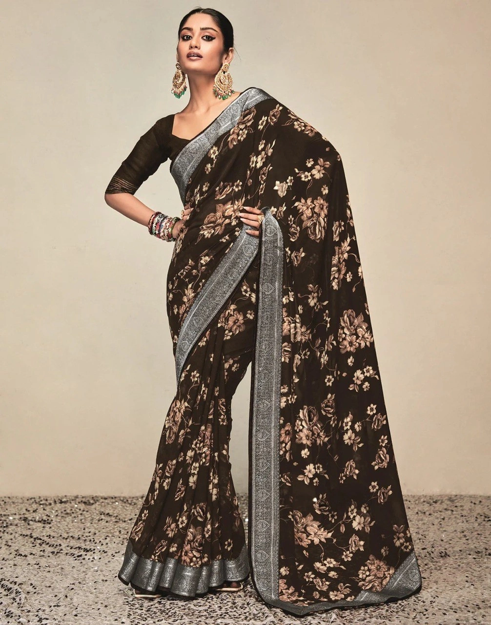 Georgette Saree With Jaquard Lace With Blouse Piecs-RNC5258-Brown