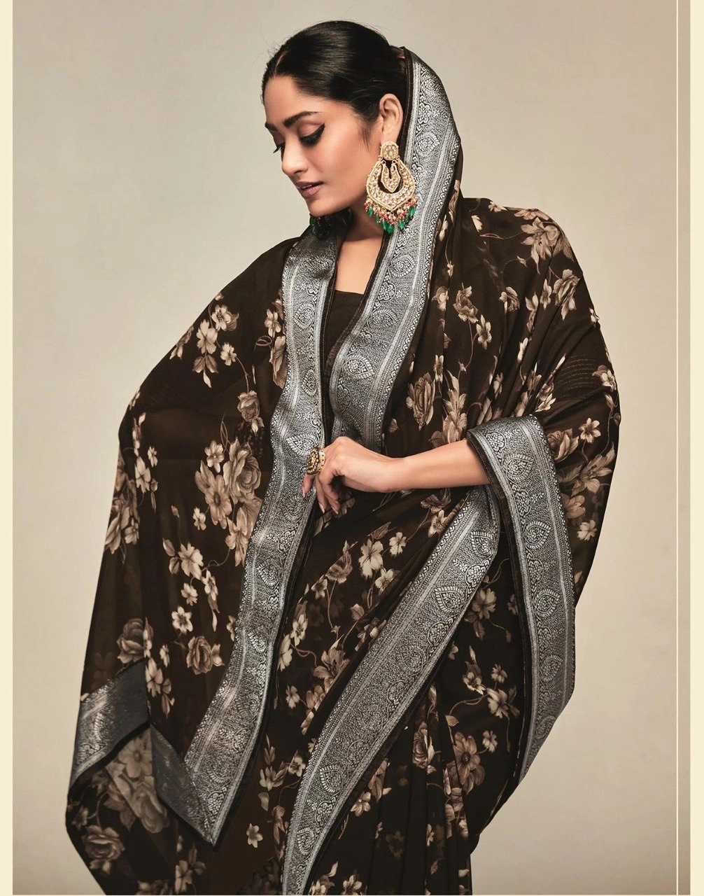 Georgette Saree With Jaquard Lace With Blouse Piecs-Brown-1