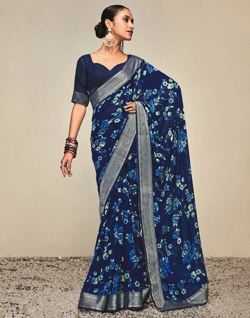 Georgette Saree With Jaquard Lace With Blouse Piecs-RNC5258-Blue