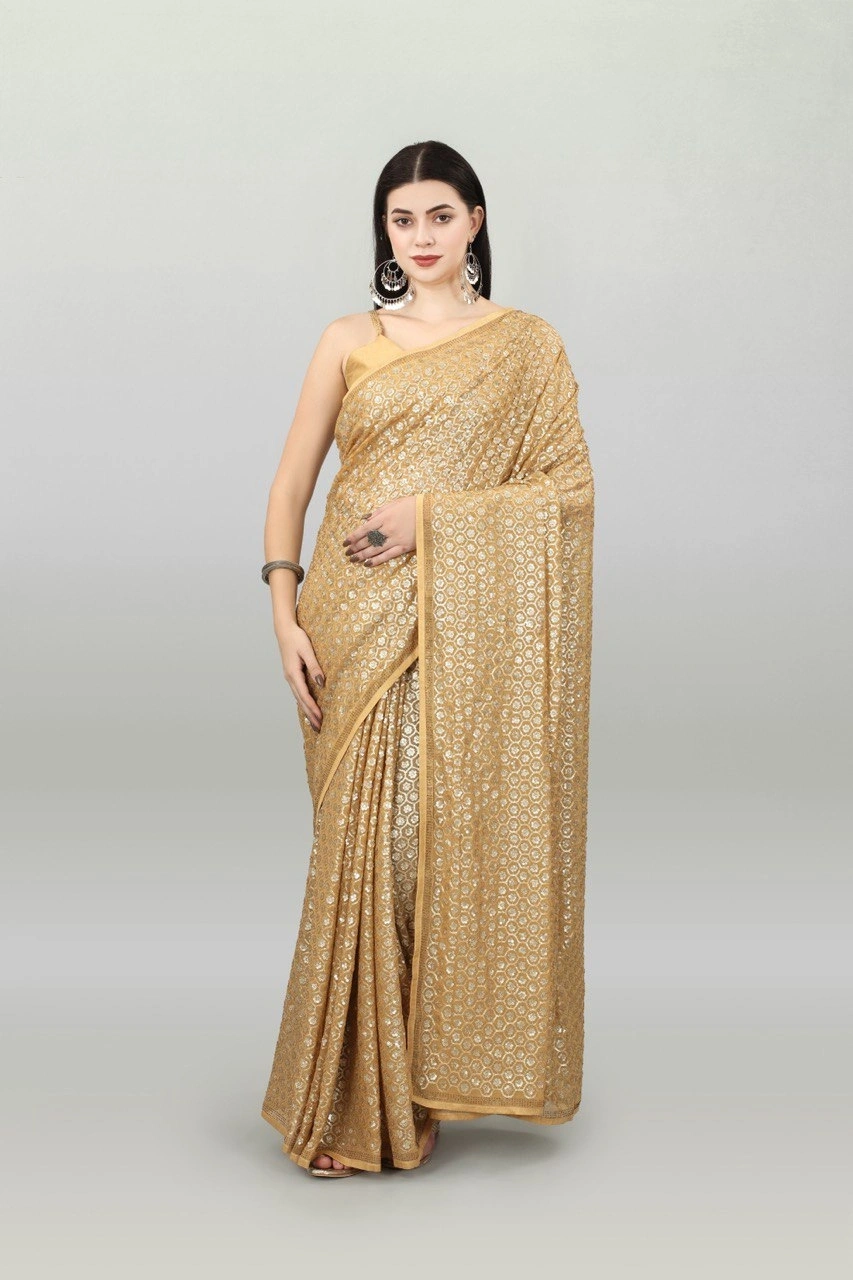 Georgette Saree With Dual Sequence Embroidery With Blouse Piecs-Cream-1