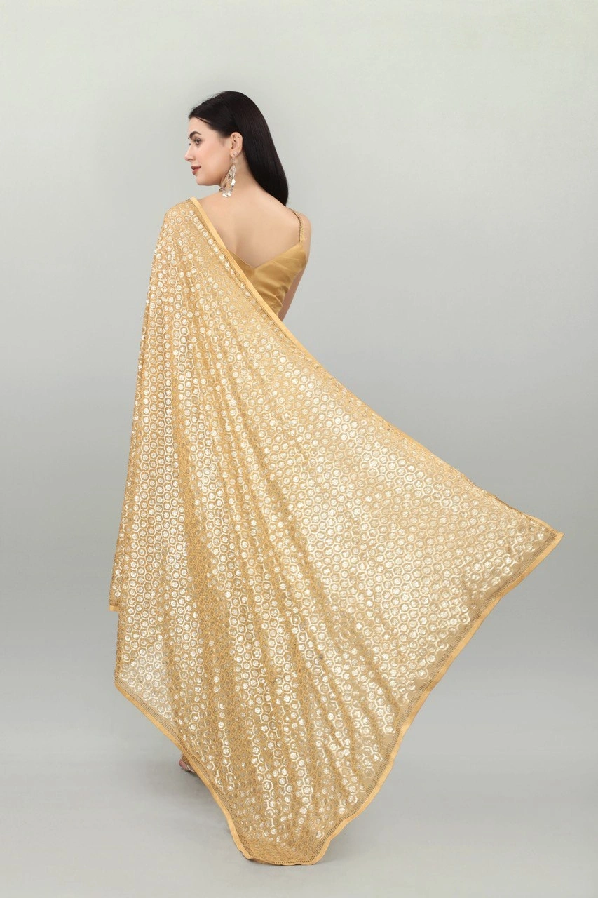 Georgette Saree With Dual Sequence Embroidery With Blouse Piecs-Cream-2