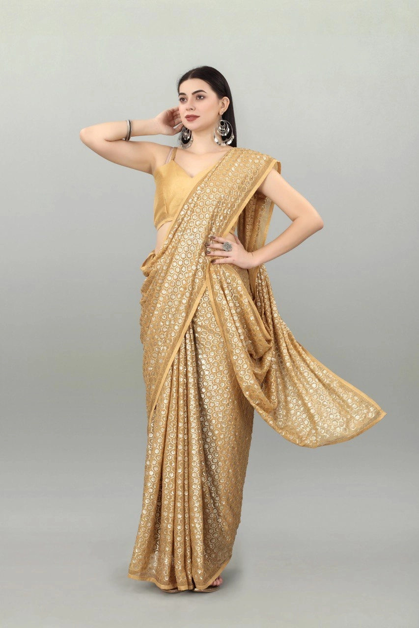 Georgette Saree With Dual Sequence Embroidery With Blouse Piecs-Cream-5