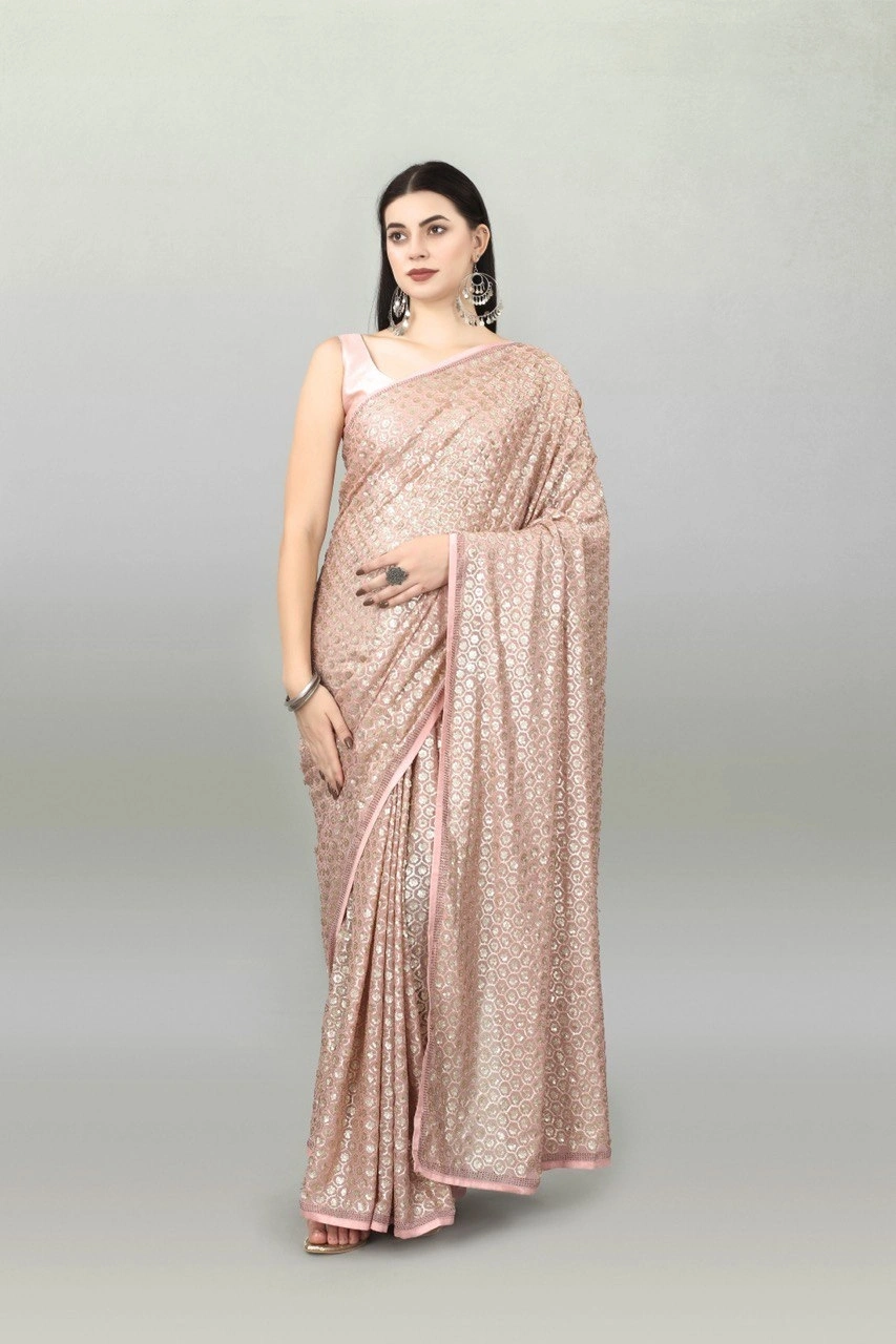 Georgette Saree With Dual Sequence Embroidery With Blouse Piecs-RNC5267-Pink