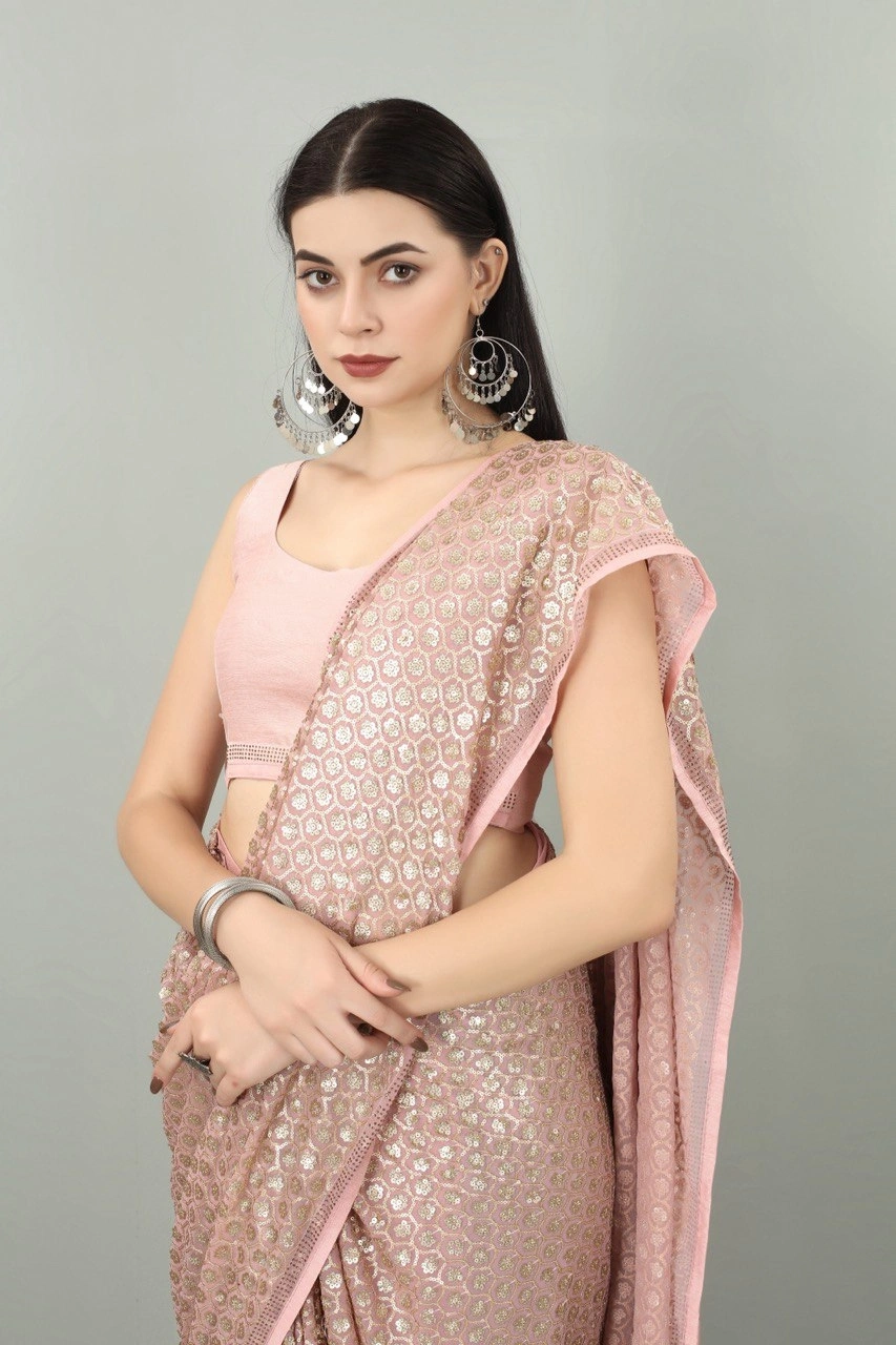 Georgette Saree With Dual Sequence Embroidery With Blouse Piecs-Pink-1