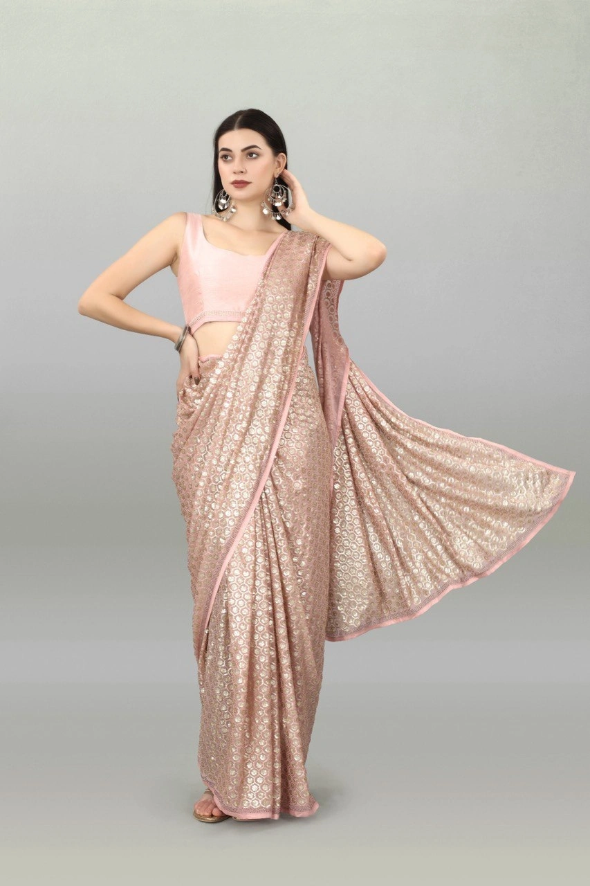 Georgette Saree With Dual Sequence Embroidery With Blouse Piecs-Pink-4