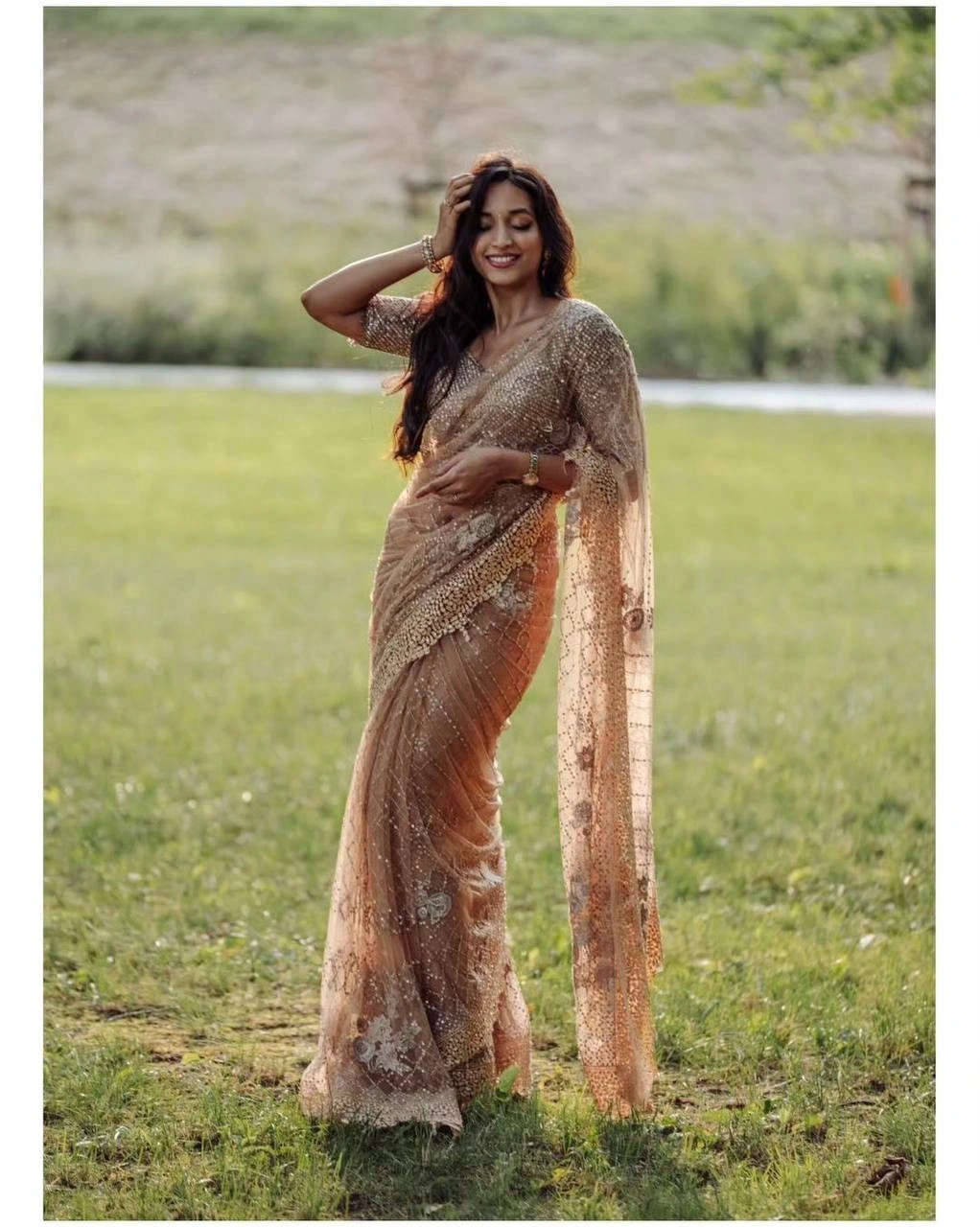 Soft Net Saree Sequin Embroidered With Blouse Piecs-RNC5298