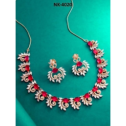 Alloy Maroon Necklace Set with American Diamonds & Stones, Includes Matching Earrings