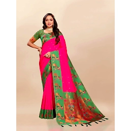 Soft Paithani Silk Saree with Rich Zari & Meenakari Weaving, Contrast Border & Tassels