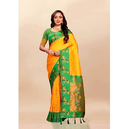 Soft Paithani Silk Saree with Rich Zari &amp; Meenakari Weaving, Contrast Border &amp; Tassels