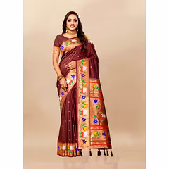 Soft Paithani Silk Saree with Zari and Meenakari Weaving, Contrast Border, and Tassels
