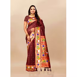Soft Paithani Silk Saree with Zari and Meenakari Weaving, Contrast Border, and Tassels