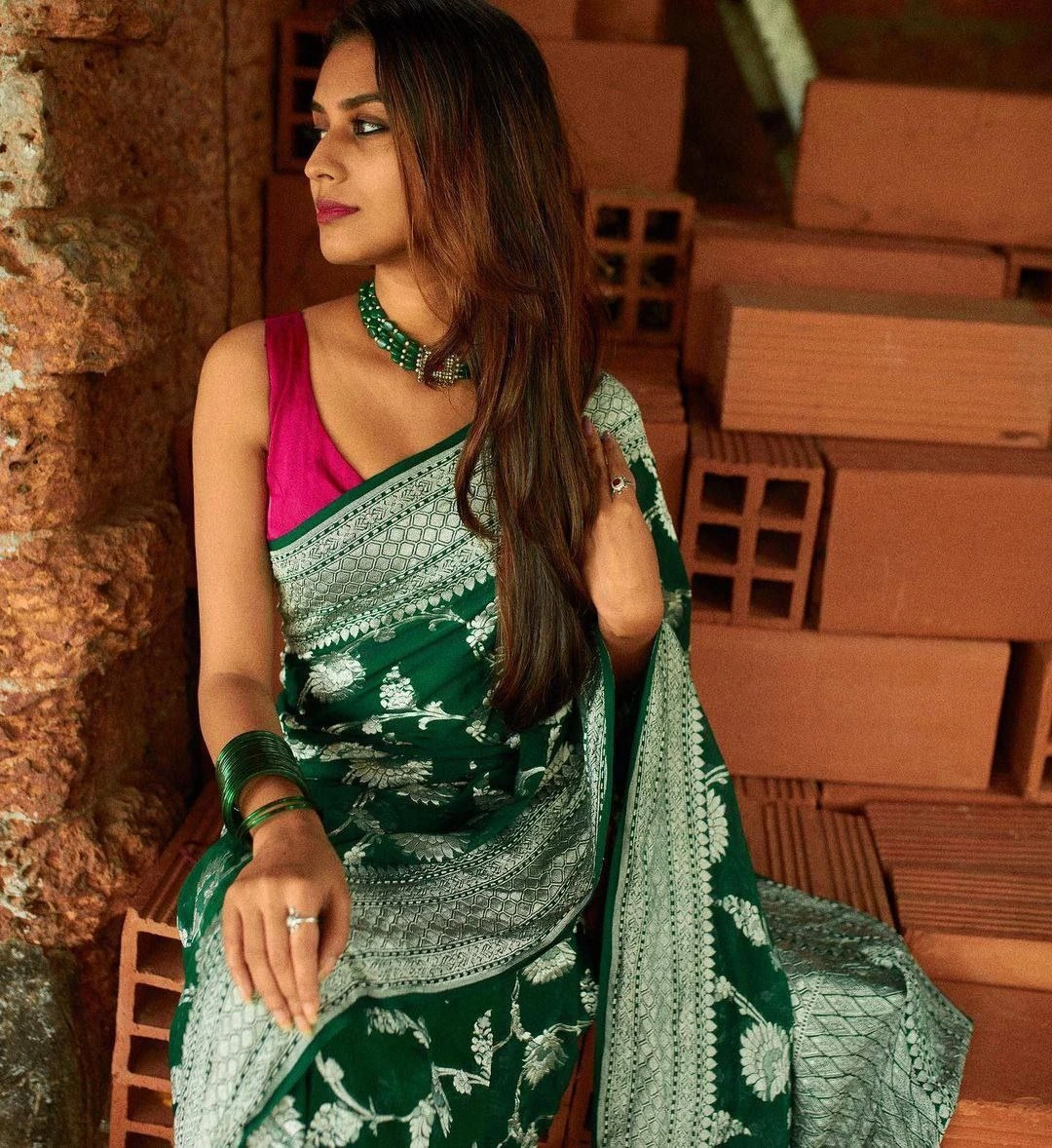 Soft Lichi Silk Saree with Silver Jari, Heavy Jacquard Design &amp; Rich Pallu-Green-2