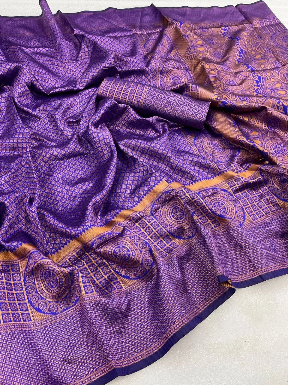 Soft Silk Saree with Copper Jari Work, Rich Design, and Jacquard Border Blouse Piece-Purple-4