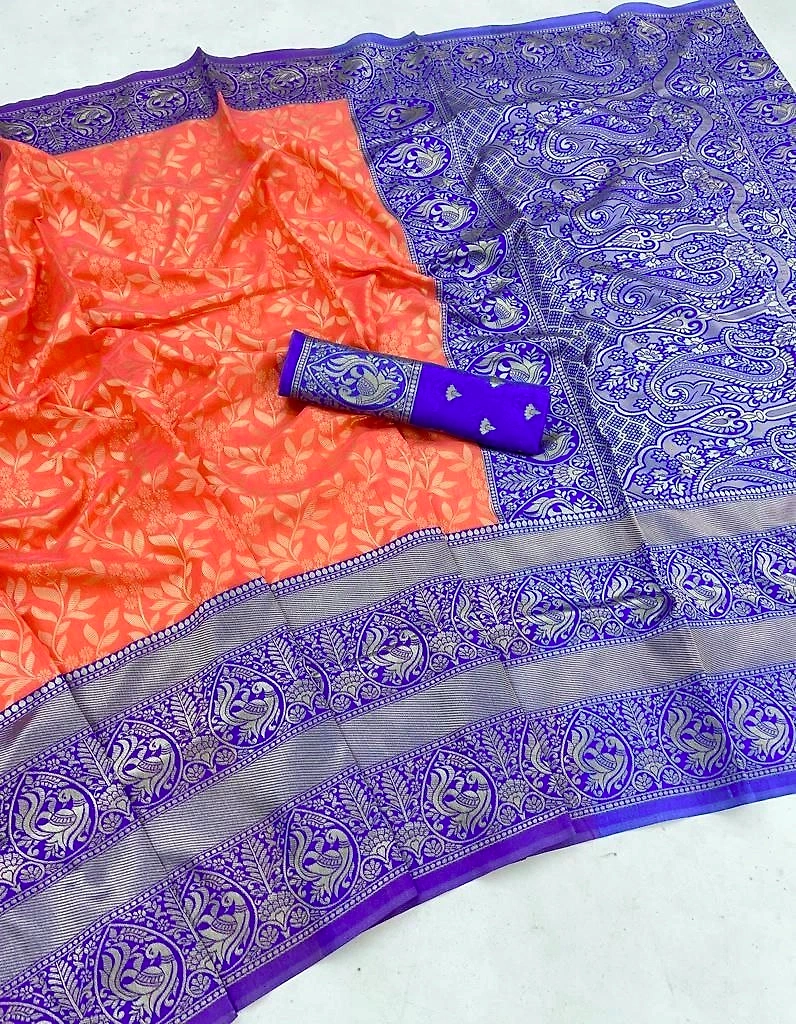 Silk Saree with Golden Jari Design, Rich Pallu &amp; Jaquard Border - Perfect for Celebrations-Orange-5