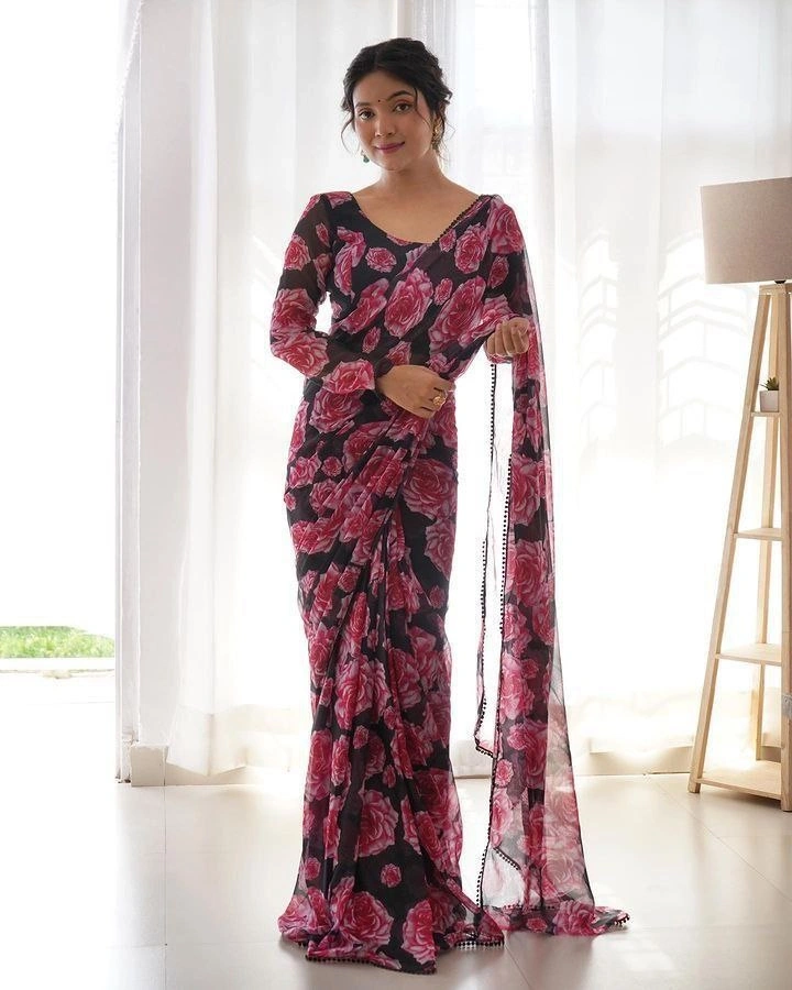 Ready To Wear 1-Minute Pink Georgette Silk Saree with Rose Design &amp; Matching Blouse-SRI257-Black