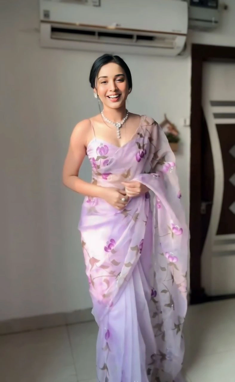 Ready To Wear 1 Minute Organza Silk Saree with Pastel Floral Design and Blouse Piece-Pink-2