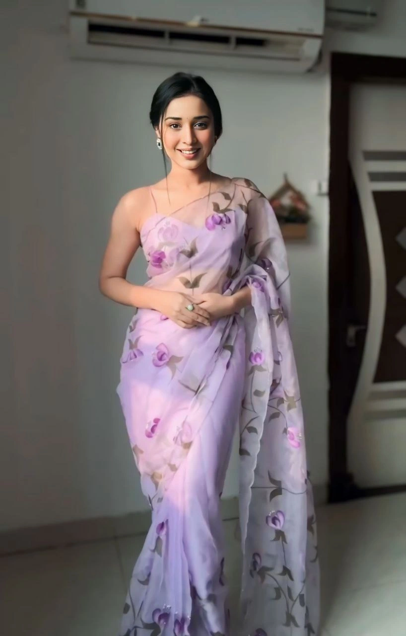 Ready To Wear 1 Minute Organza Silk Saree with Pastel Floral Design and Blouse Piece-Pink-5