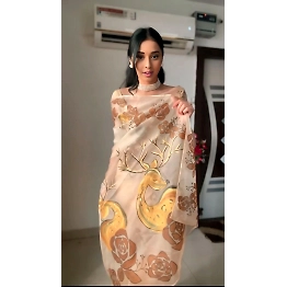YNF Ready-To-Wear Soft Organza Silk Saree with Chiku Deer & Flower Design + Blouse
