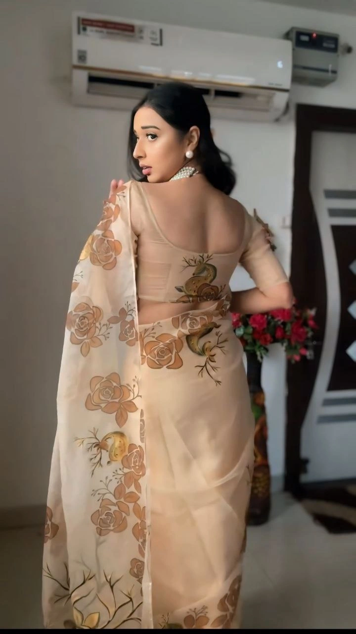 Ready-To-Wear Soft Organza Silk Saree with Chiku Deer &amp; Flower Design + Blouse-Beige-5