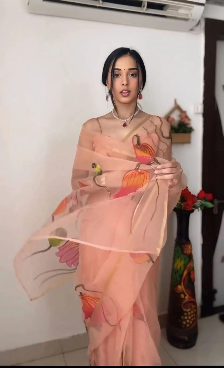 Ready To Wear 1-Minute Peach Flower Organza Silk Saree with Matching Blouse Piece-Cream-4