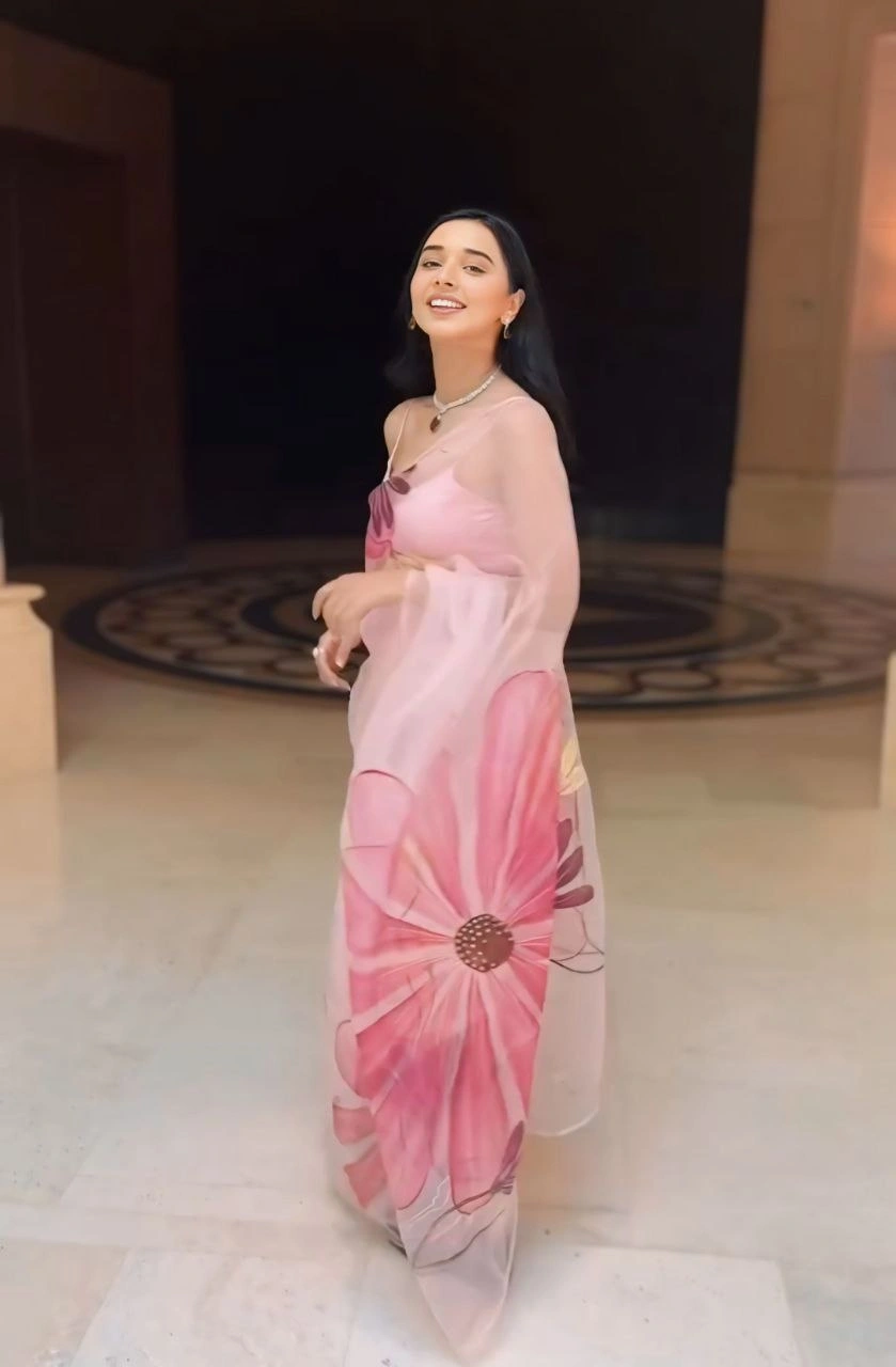 Ready To Wear 1-Minute Saree: Pure Soft Organza Silk with Pink Floral Design-Pink-1