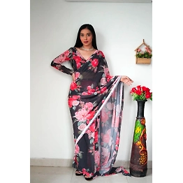 YNF Ready To Wear Georgette Silk Saree - Pink Rose Design with Matching Blouse
