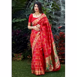 Elegant Jacquard Red Kanjeevaram Silk Saree with Matching Zari Woven Blouse