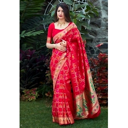 YNF Elegant Jacquard Red Kanjeevaram Silk Saree with Matching Zari Woven Blouse