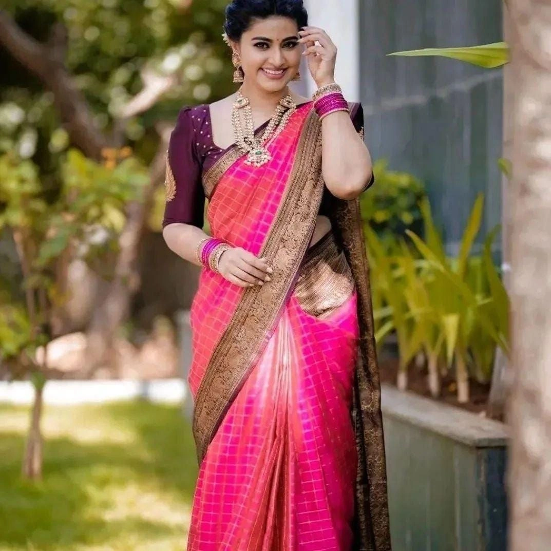 Soft Lichi Silk Saree with Golden Jari, Rich Design Pallu &amp; Jaquard Border Blouse Piece-SRIAkruti-Pink