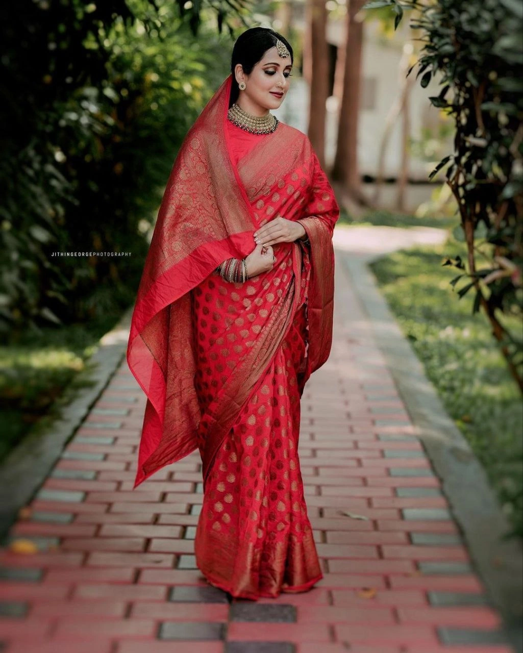 Soft Silk Saree with Copper Jari Work, Rich Design, and Jacquard Border Blouse Piece-SRIAmrut-Red