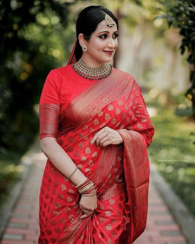 Soft Silk Saree with Copper Jari Work, Rich Design, and Jacquard Border Blouse Piece-Red-2