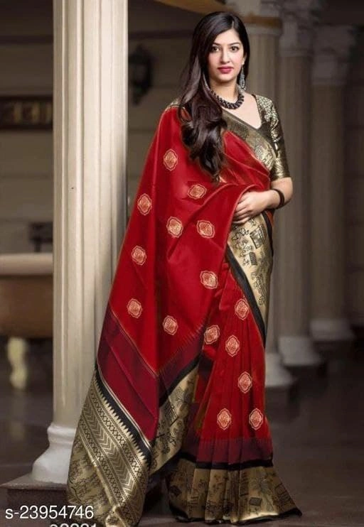 Soft Lichi Silk Saree with Golden Jari Butta Design &amp; Heavy Jaquard Border-SRIAnandi-Red