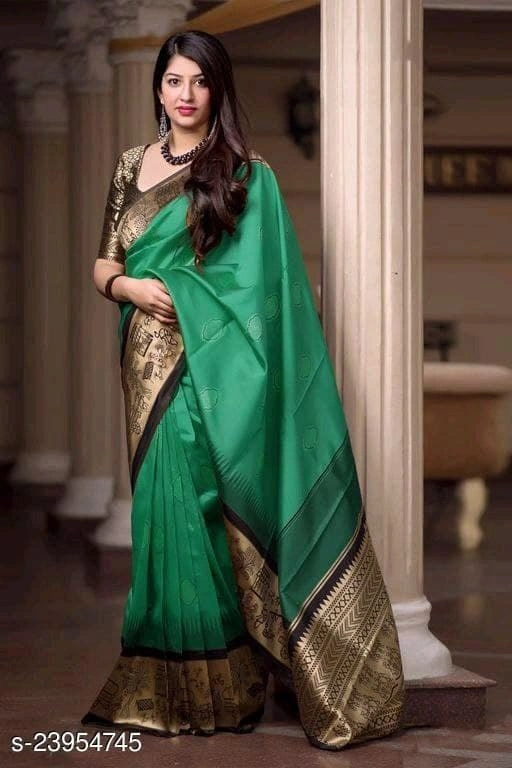 Soft Lichi Silk Saree with Golden Jari Butta Design &amp; Heavy Jaquard Border-SRIAnandi-Green