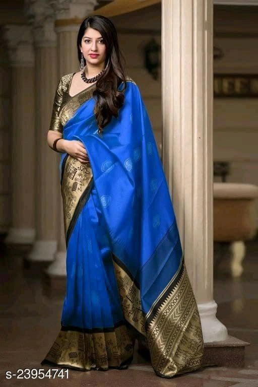 Soft Lichi Silk Saree with Golden Jari Butta Design &amp; Heavy Jaquard Border-SRIAnandi-Blue