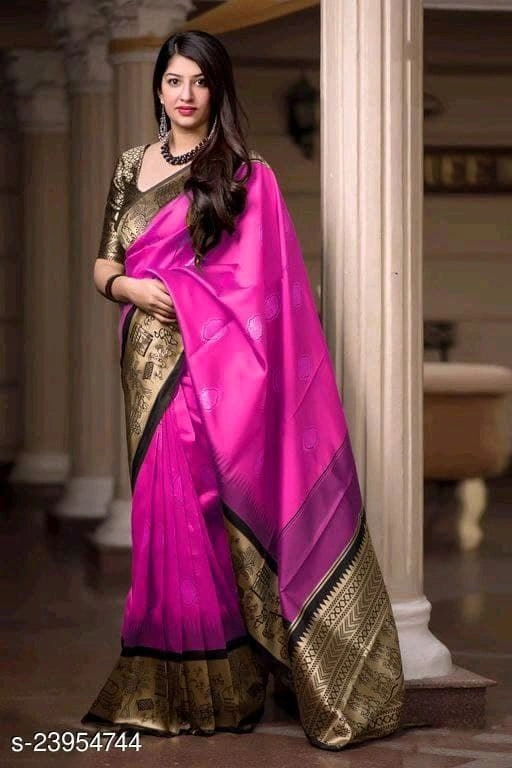 Soft Lichi Silk Saree with Golden Jari Butta Design &amp; Heavy Jaquard Border-SRIAnandi-Pink